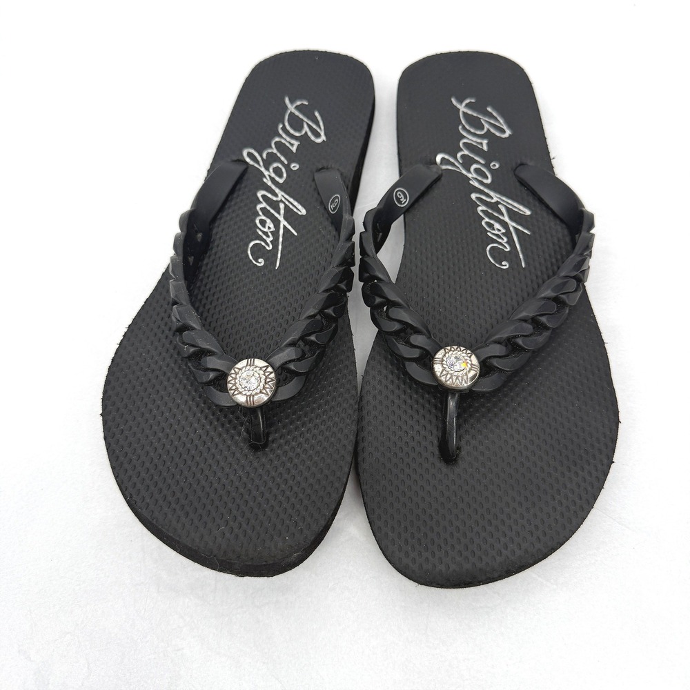 Brighton Flip Flop Sandals Black Braided Crystal Medallion Casual Summer Size 9